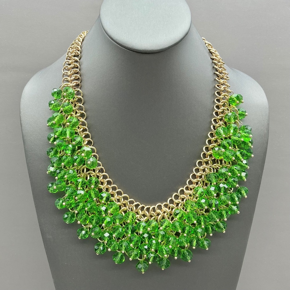 Necklace Women Green Bib Cluster Faceted Bead Gold Tone Chain Statement Jewelry